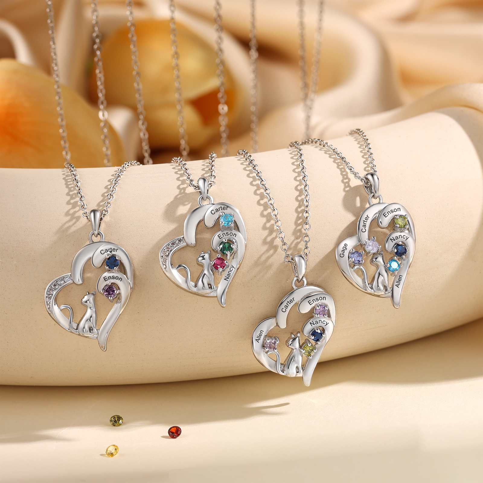 Personalized Cat Heart Necklace with 2–5 Birthstones and Names