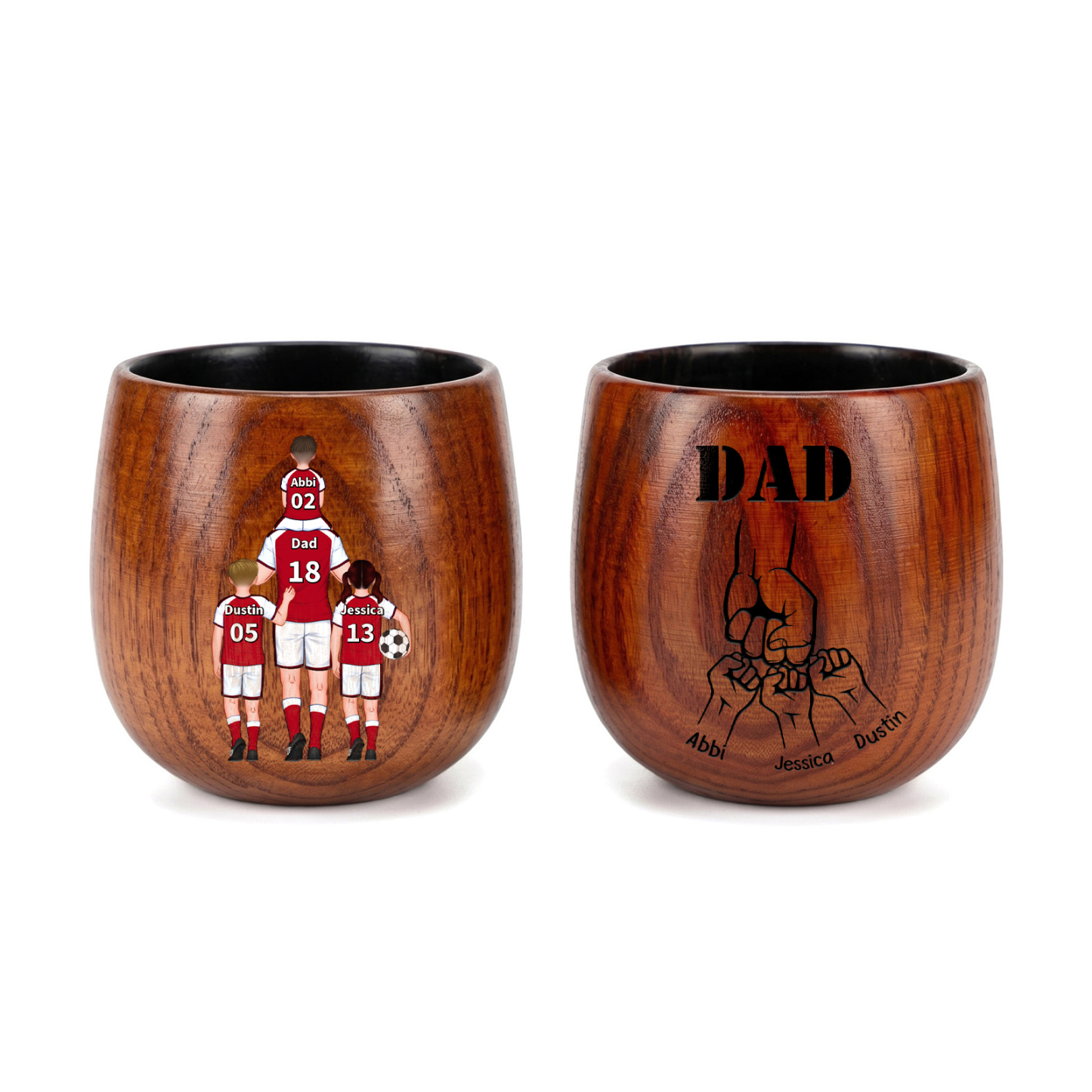 Personalized Wooden Whiskey Tumbler Cup for Dad Customized with 1–5 Kids Names Football Family
