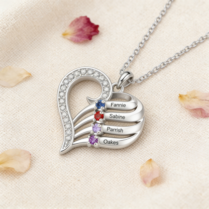 Personalized Heart Necklace with Birthstones Custom with 2–4 Family Names