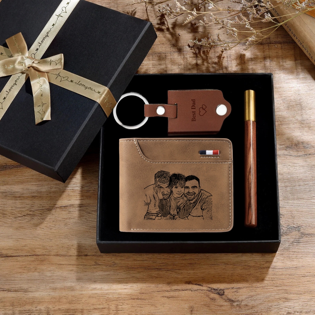 Personalized 2 Texts & 2 Photos & 1 Name & 1 Letter Gift Set Custom Wallet & Keychain & Pen Gift Box Set Gift for Dad/Grandpa | Jessemade