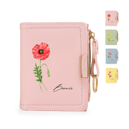 Personalized Women’s Leather Wallet Custom With Name And Birth Flower