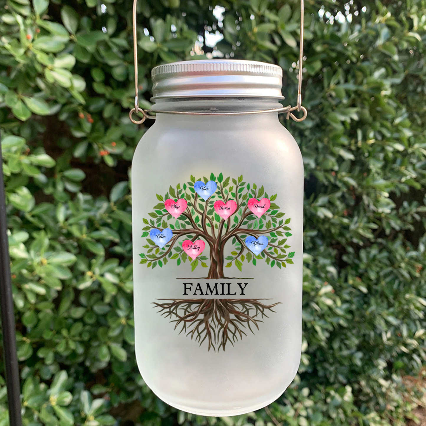 Personalized Solar Glass Bottle Mason Jar Light with family tree – Thank you, Mom