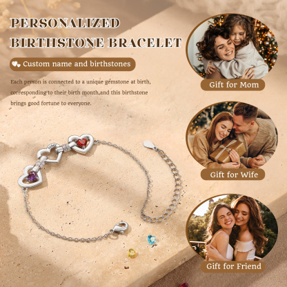 Personalized Linked Hearts Birthstone Bracelet with 1–4 Engraved Names