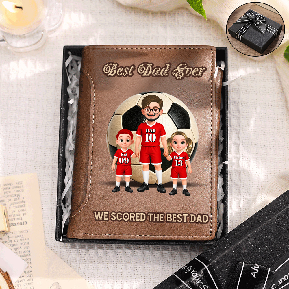 Personalized Leather Wallet for Dad Soccer Team Customized with 1-6 Children