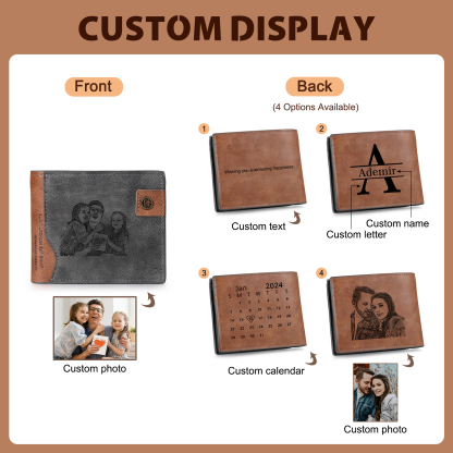 Personalized Men’s Leather Bifold Wallet with Engraved photo Custom Initials and Name