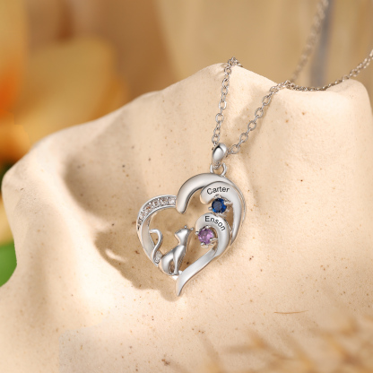 Personalized Cat Heart Necklace with 2–5 Birthstones and Names