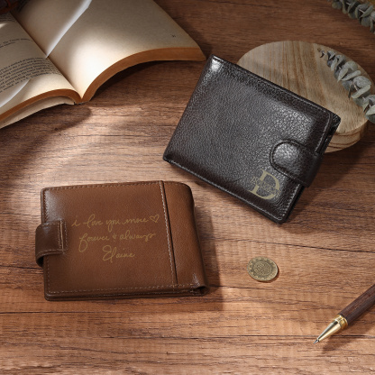 Personalized Leather RFID Blocking Bifold Wallet for Men with Snap Closure Name or Initials Engraved
