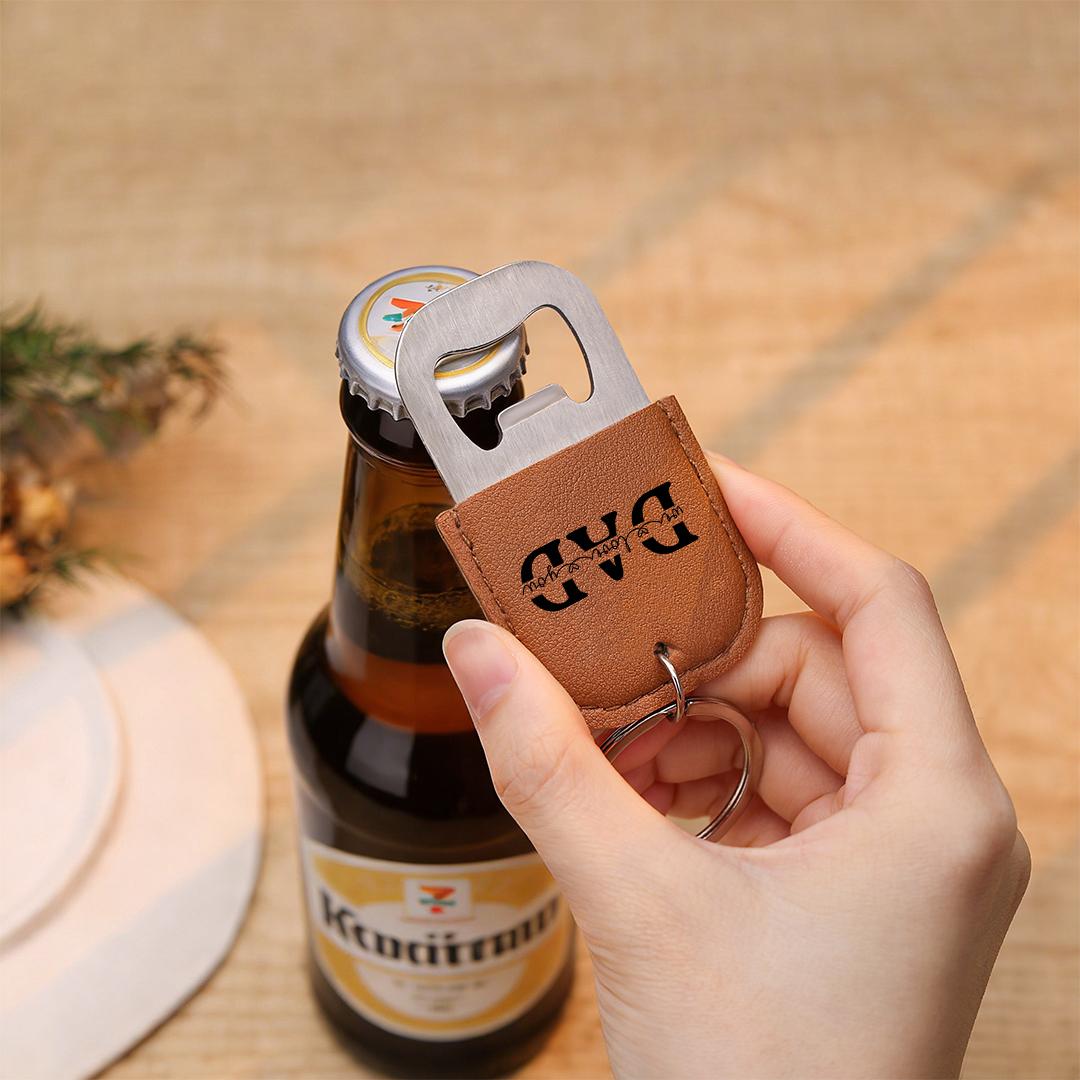 Personalized Leather Keychain For Dad With Bottle Opener Custom with 2-6 Names Hand In Hand Design