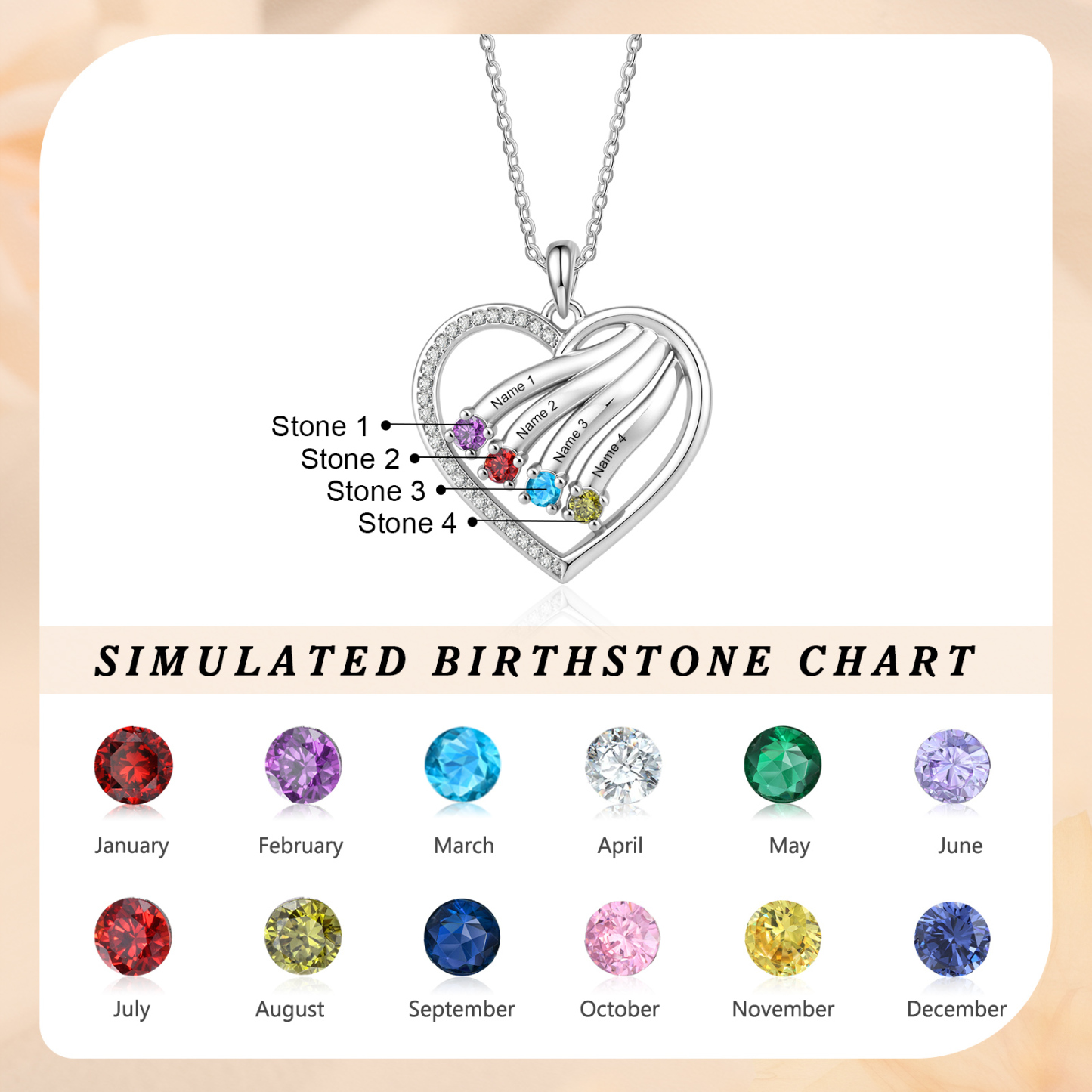 Personalized Heart Name Necklace Custom With Birthstones Engraved 4–6 Children’s Names