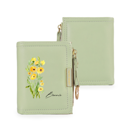 Personalized Women’s Leather Wallet Custom With Name And Birth Flower