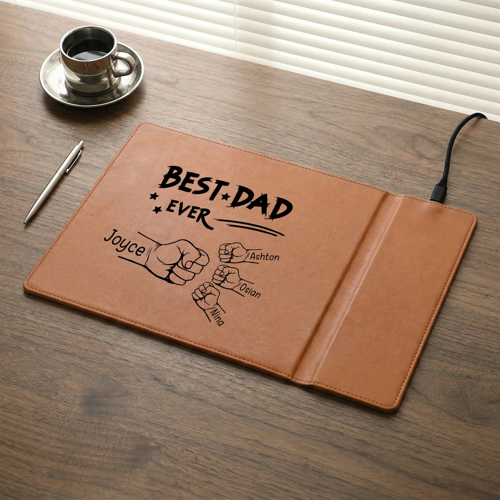 Personalized Leather Desk Pad With Wireless Charging Function Custom with 1-6 Names And Fist Bumps