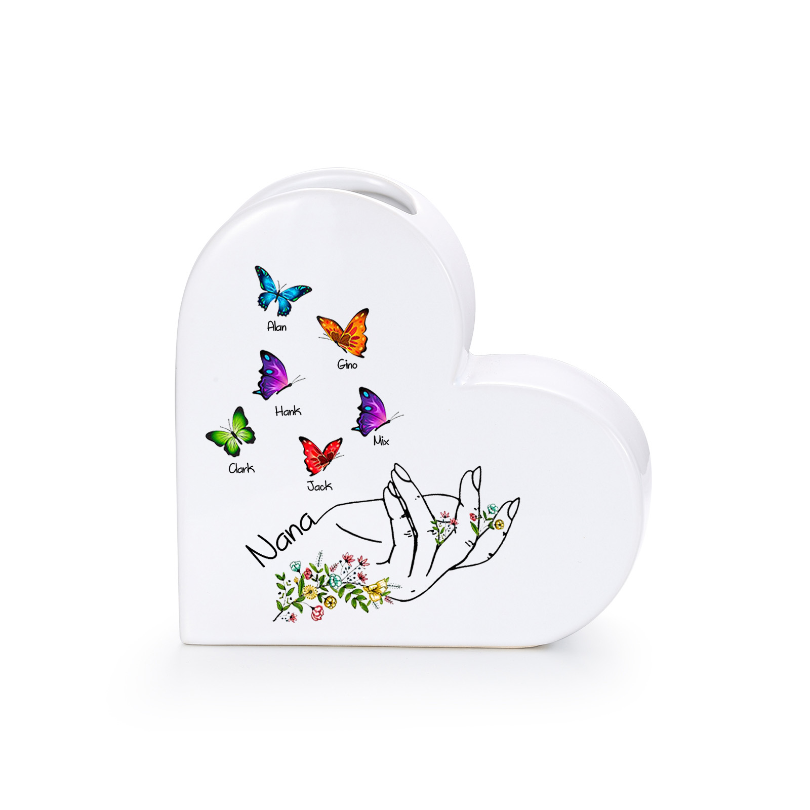 Personalized Ceramic Heart Vase Custom with 2–8 Names and Butterfly