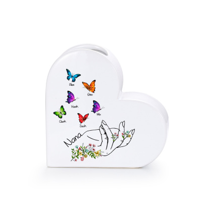 Personalized Ceramic Heart Vase Custom with 2–8 Names and Butterfly
