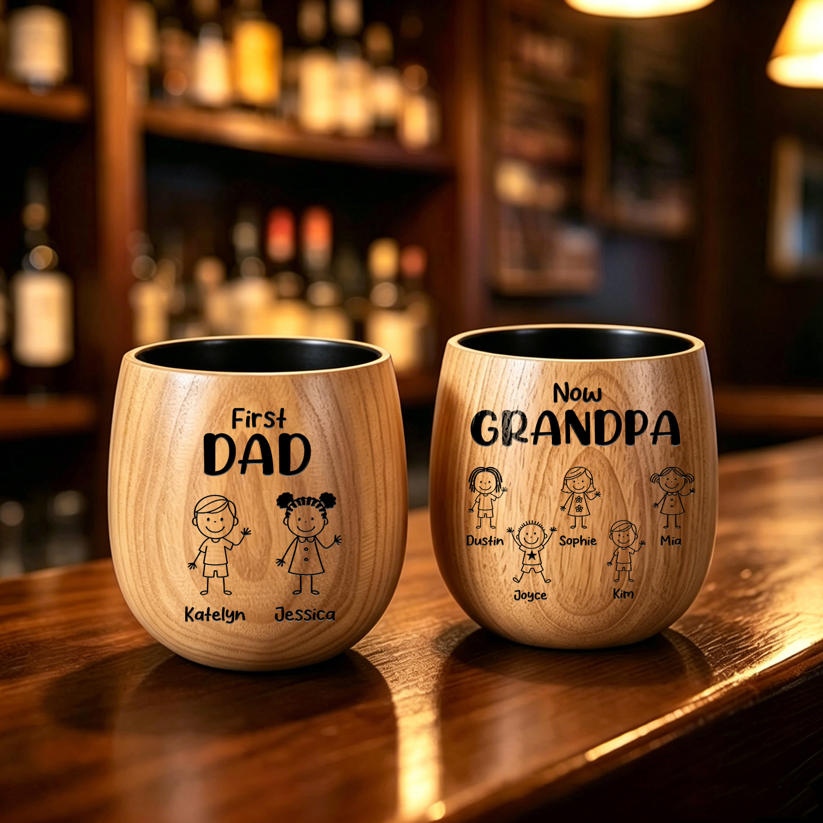 Personalized Wooden Whisky Cup for Dad or Grandpa Custom with 2-16 Children and Names