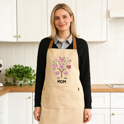 Personalized Mom Family Tree Apron with Pocket Customized with 2–8 Names