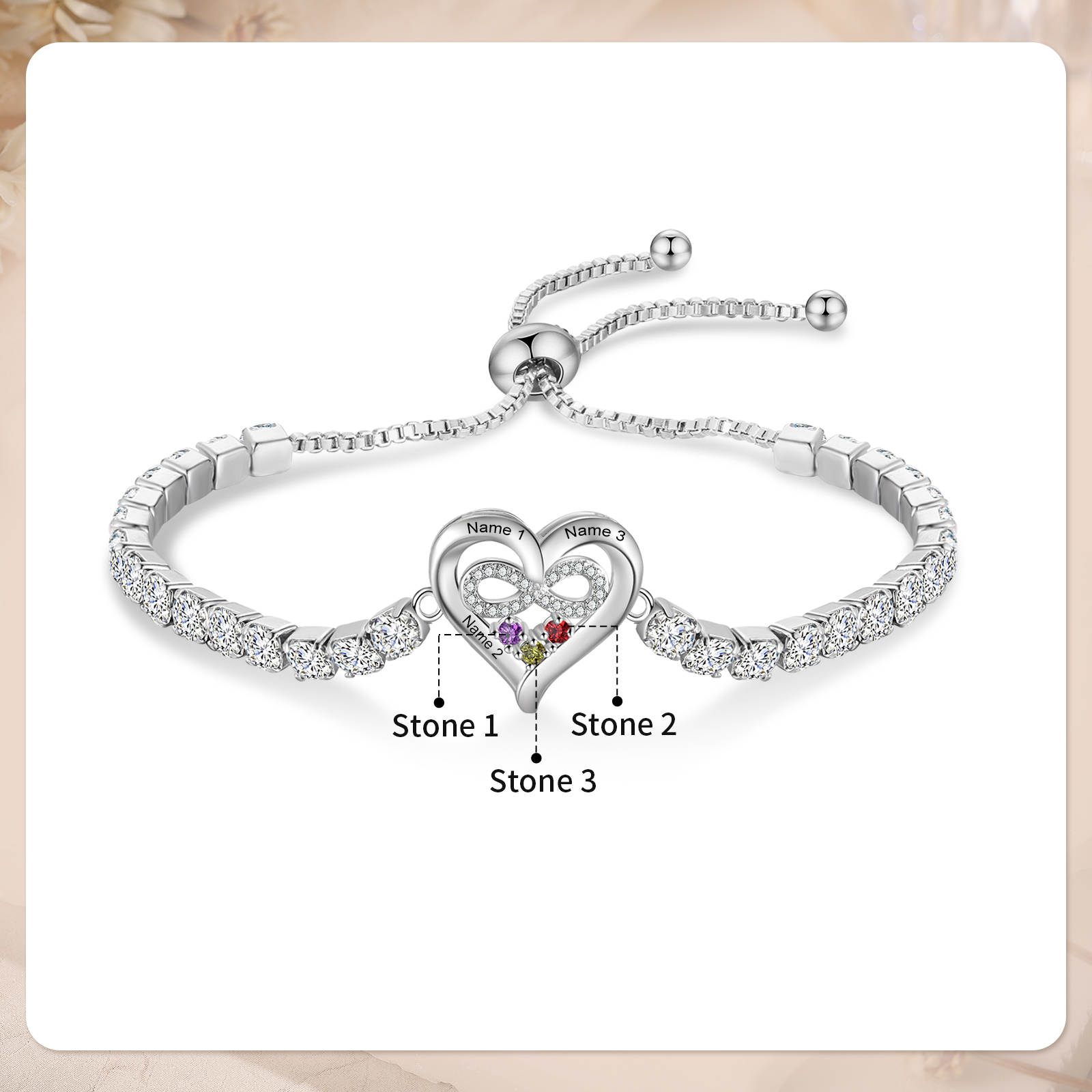 Personalized Tennis Bracelet with Infinity Heart Custom 2-4 Names and Birthstones Adjustable with Cubic Zirconia