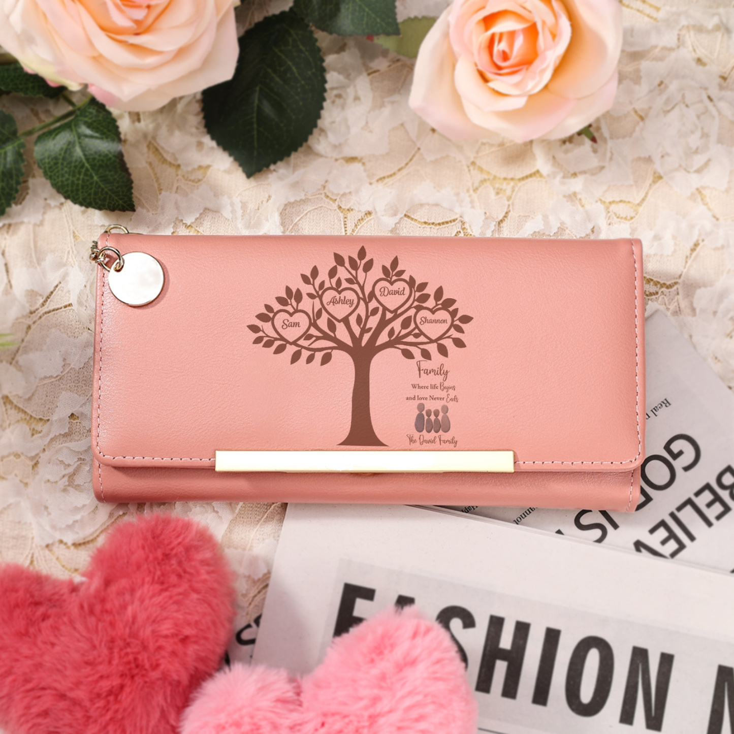 Personalized 2–6 Name Pebble Family Tree Pink Leather Wallet for Mom