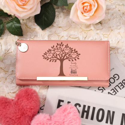 Personalized 2–6 Name Pebble Family Tree Pink Leather Wallet for Mom