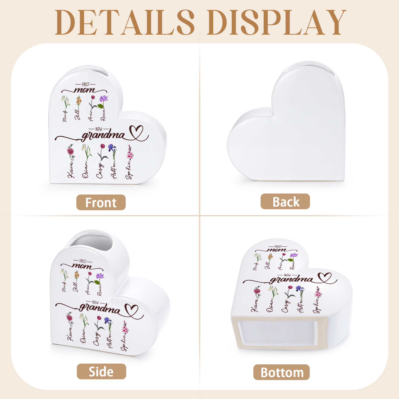 Personalized Heart-Shaped Ceramic Vase First Mom, Now Grandma Custom with 2–10 Birth Flowers and Names