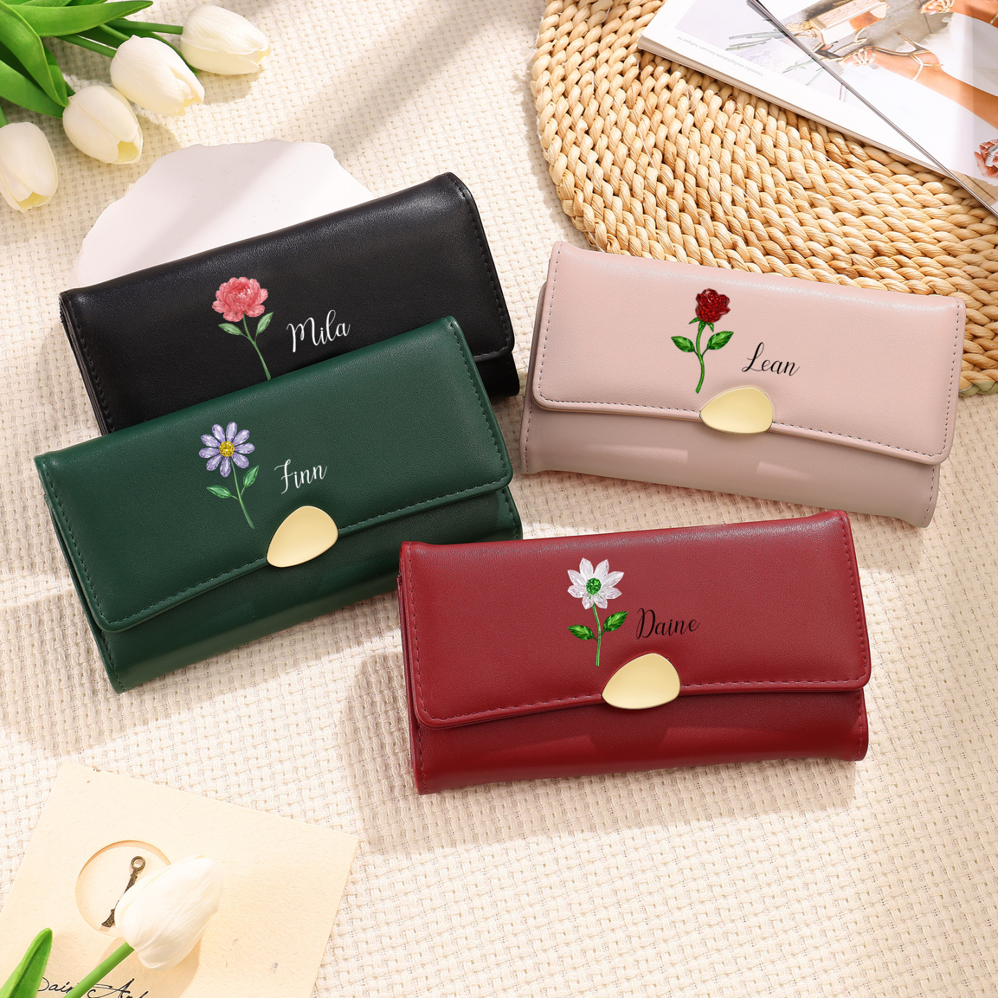 Personalized Long Women Leather Wallet Custom with Birth Flower and Name