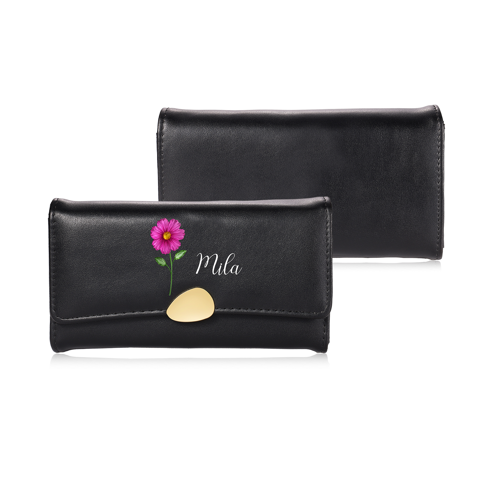 Personalized Long Women Leather Wallet Custom with Birth Flower and Name