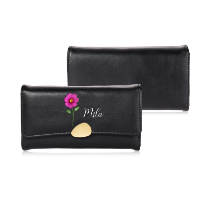 Personalized Long Women Leather Wallet Custom with Birth Flower and Name
