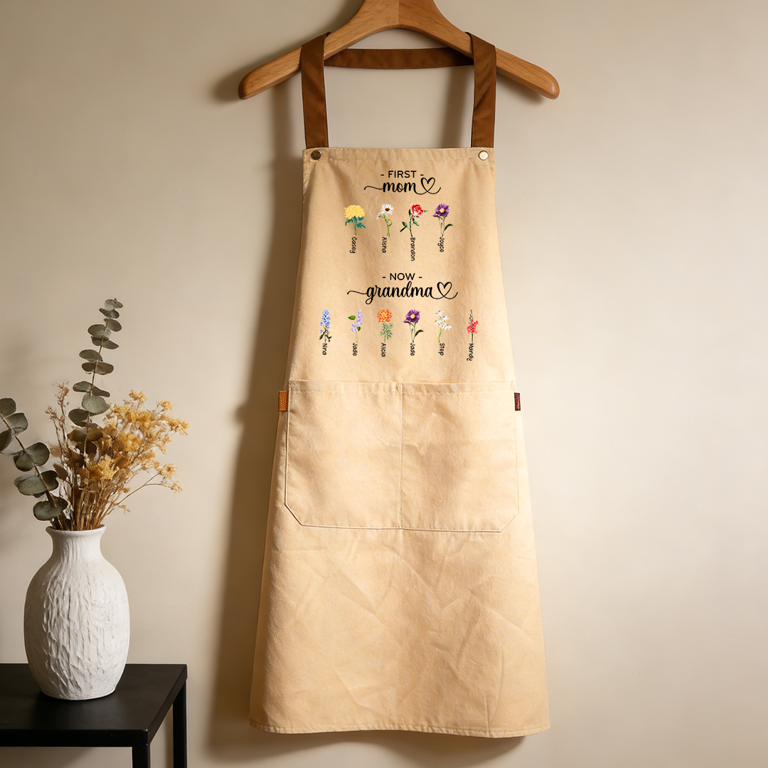 Personalized Apron “First Mom, Now Grandma” Custom with 2-16 Names and Birth Flowers