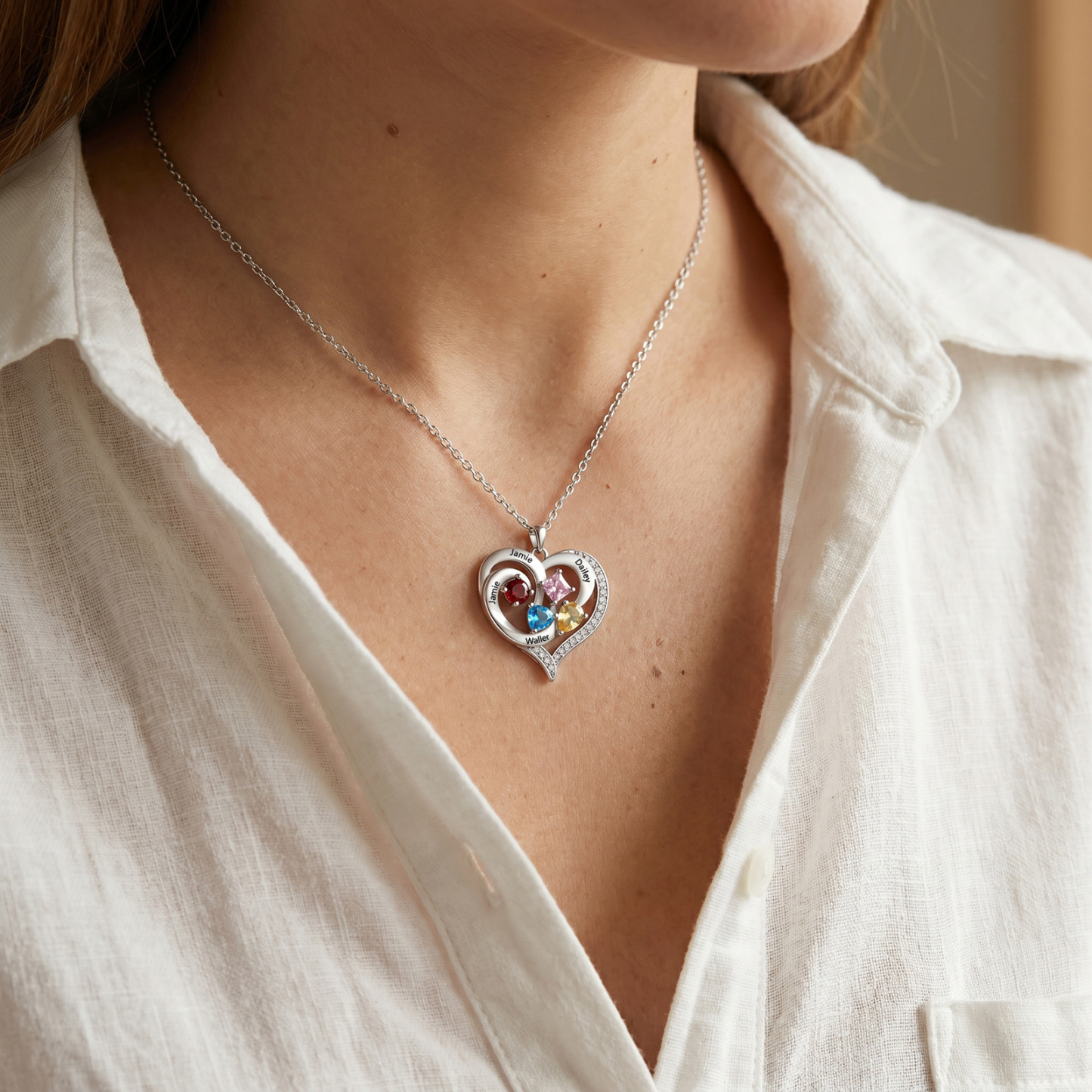 Personalized Double Heart Birthstone Necklace Customized with 1-5 Names