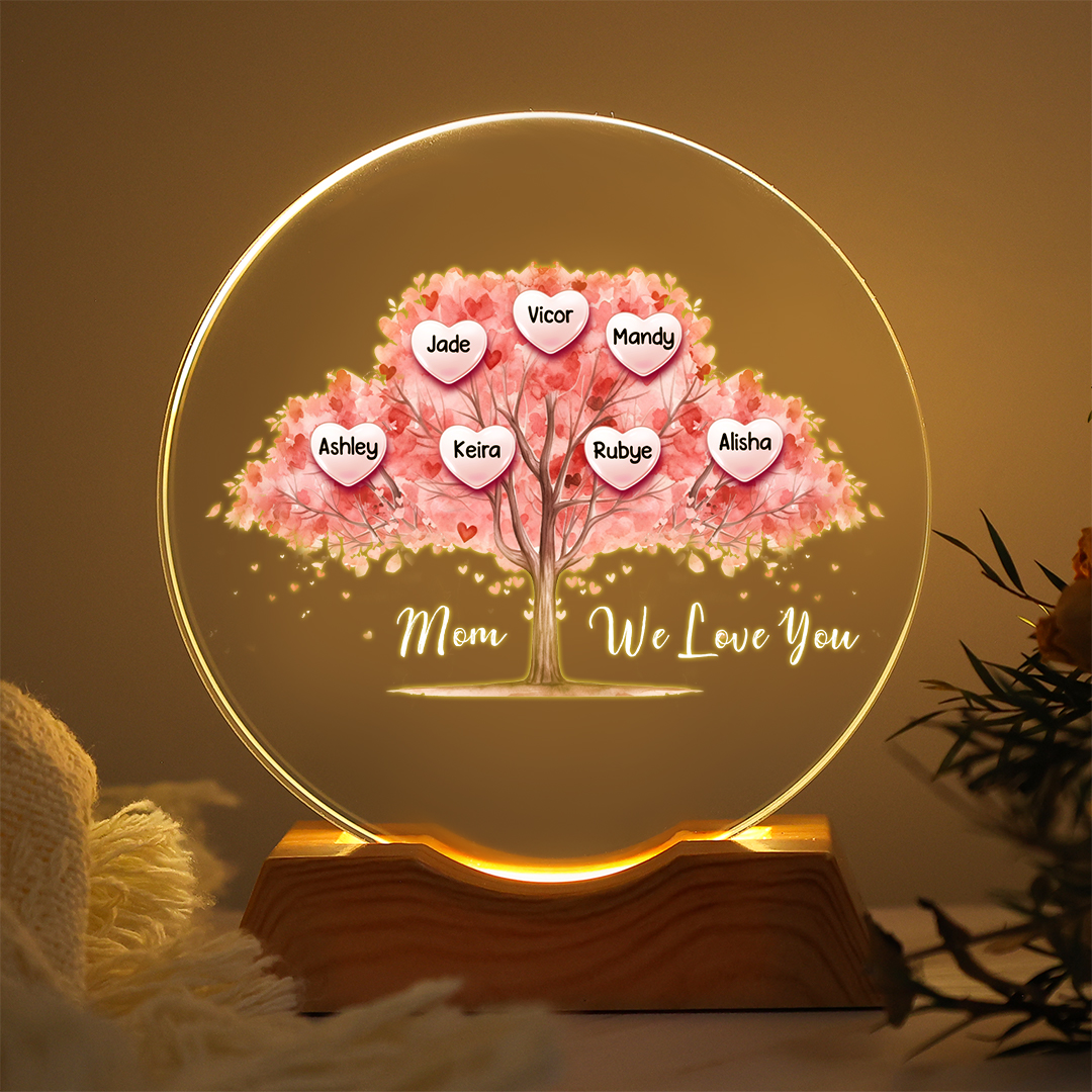 Personalized Family Tree LED Crystal Night Light with 1–7 Names for Mom