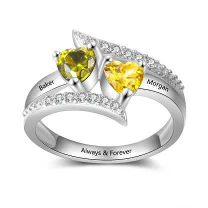Personalised Double Heart Birthstone Ring with Engraving for Her
