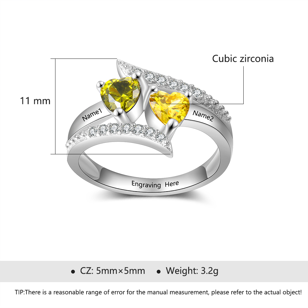 Personalised Double Heart Birthstone Ring with Engraving for Her