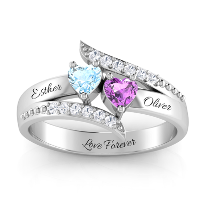 Personalised Double Heart Birthstone Ring with Engraving for Her