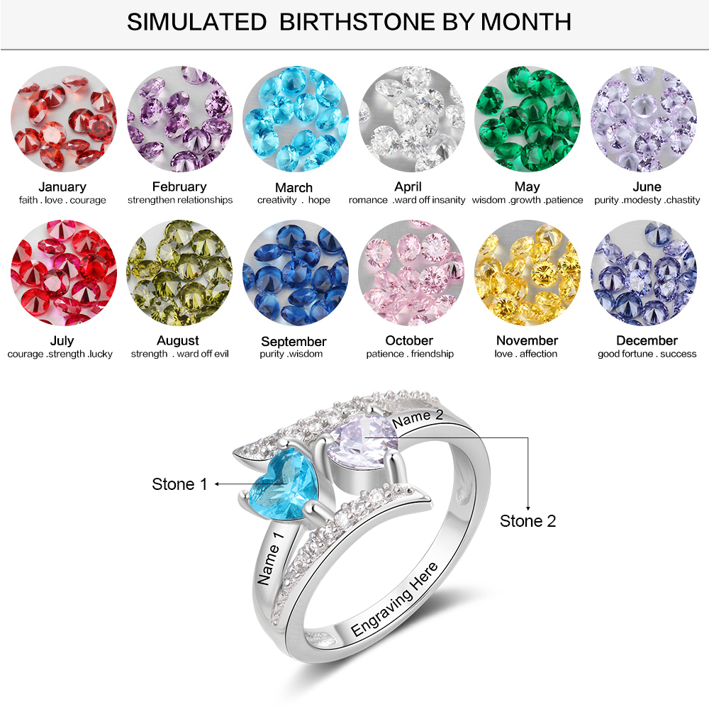 Personalised Double Heart Birthstone Ring with Engraving for Her