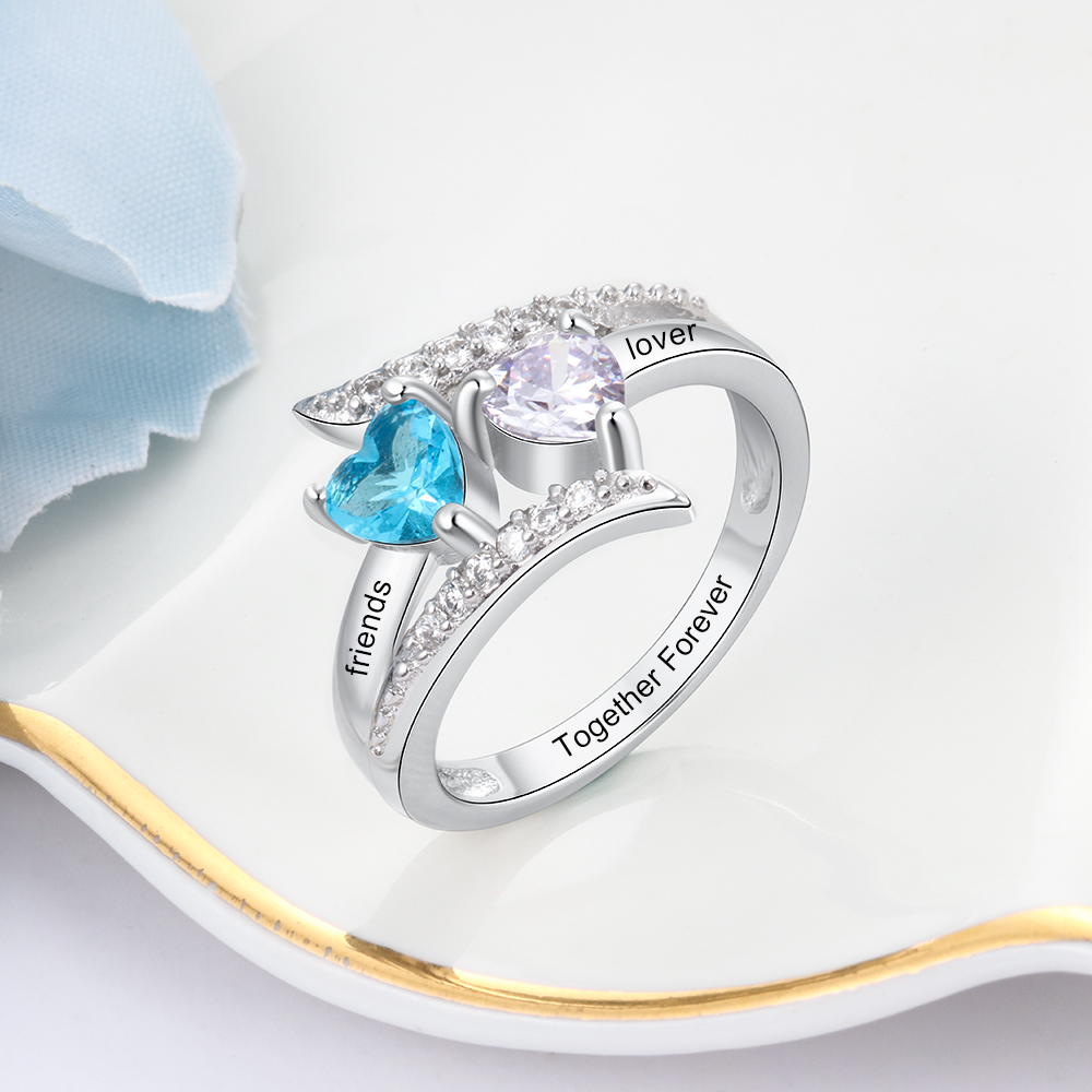 Personalised Double Heart Birthstone Ring with Engraving for Her