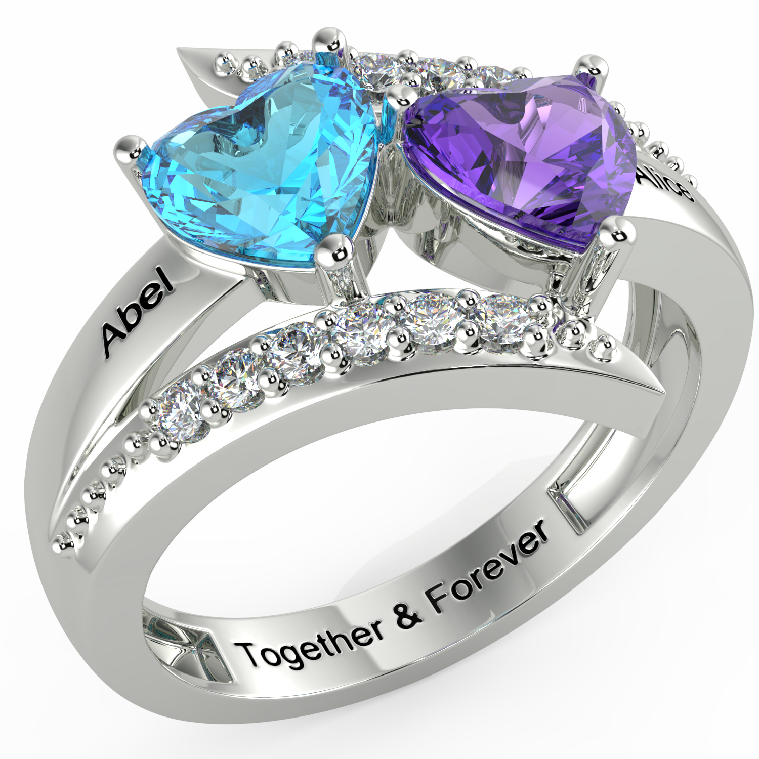 Personalised Double Heart Birthstone Ring with Engraving for Her