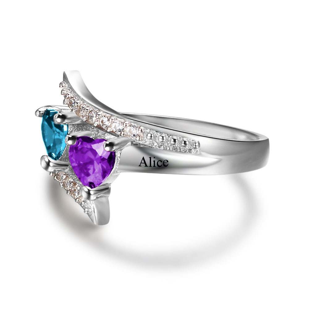 Personalised Double Heart Birthstone Ring with Engraving for Her
