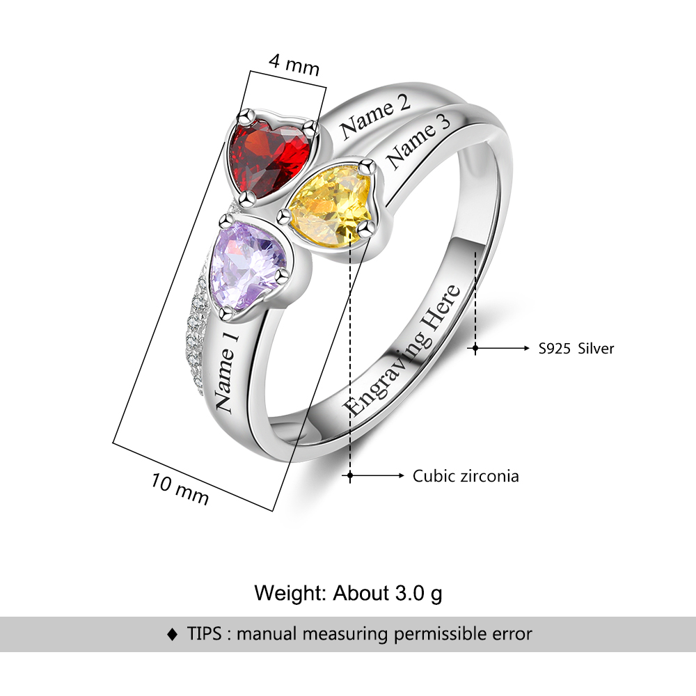 Personalized 3 Birthstones Mothers Ring With Names Gifts For Her S925 Sterling Silver