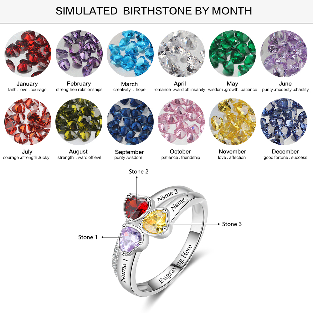 Personalized 3 Birthstones Mothers Ring With Names Gifts For Her S925 Sterling Silver