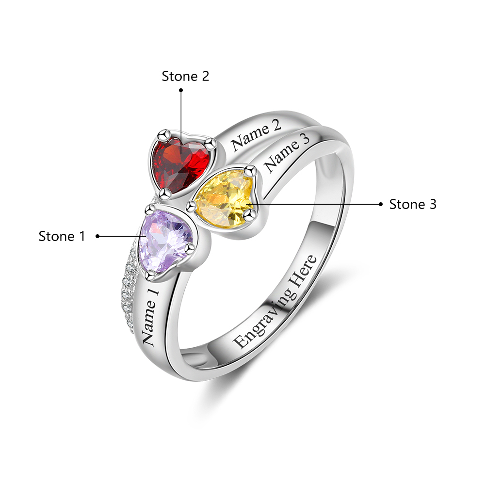 Personalized 3 Birthstones Mothers Ring With Names Gifts For Her S925 Sterling Silver