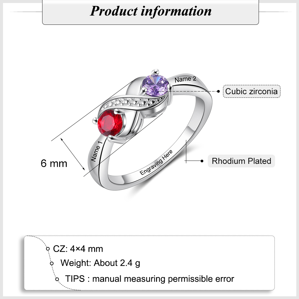 Personalised Birthstone Infinity Ring - Custom 2 Names & Engraving Ring Gifts For Her | Jessmade