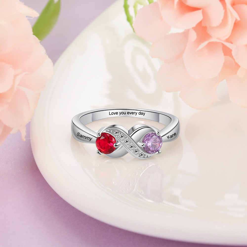 Personalised Birthstone Infinity Ring - Custom 2 Names & Engraving Ring Gifts For Her | Jessmade