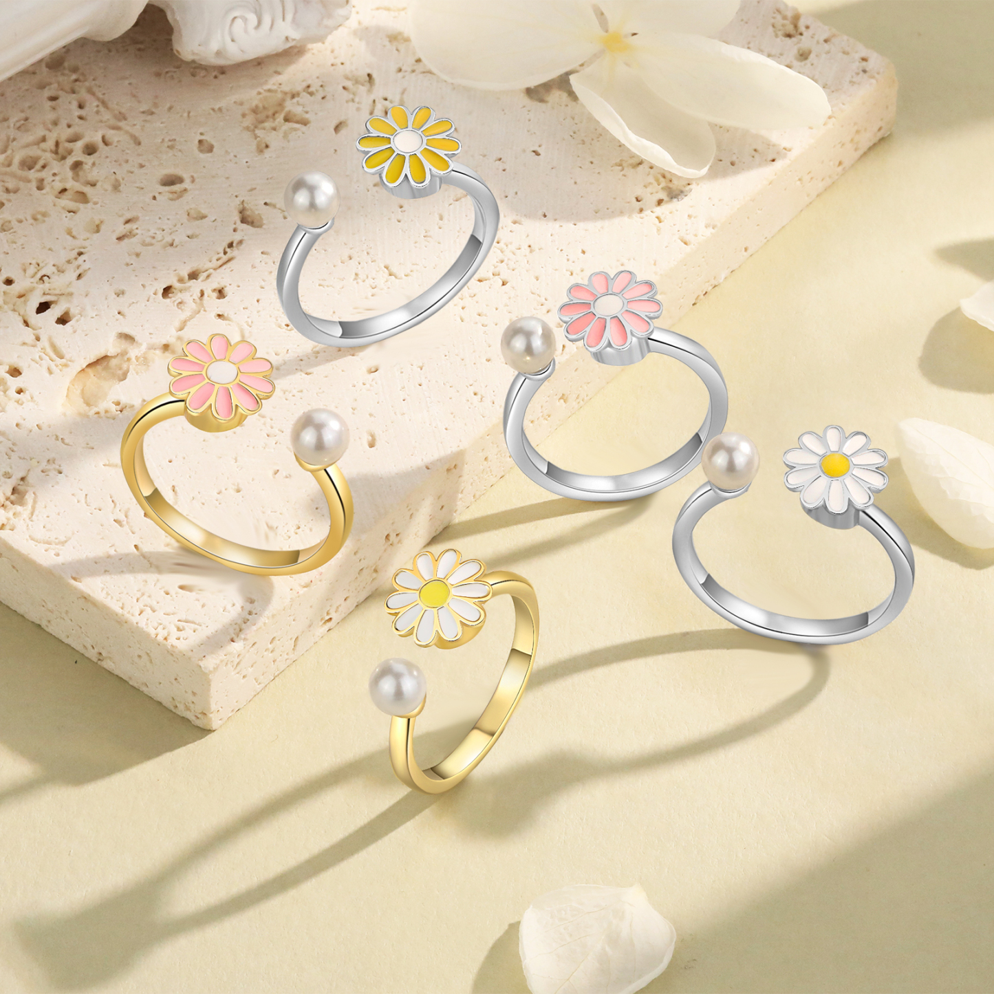 Open Finger Rings Daisy Flower Anxiety Worry Fidget Spinner Ring