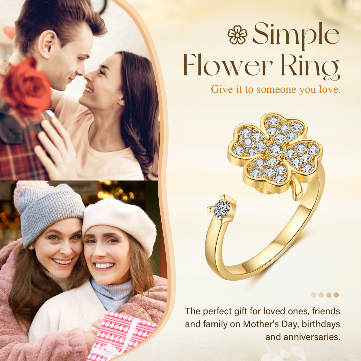 Elegant Clover Cubic Zirconia Adjustable Ring Gift For Women | Jessmade