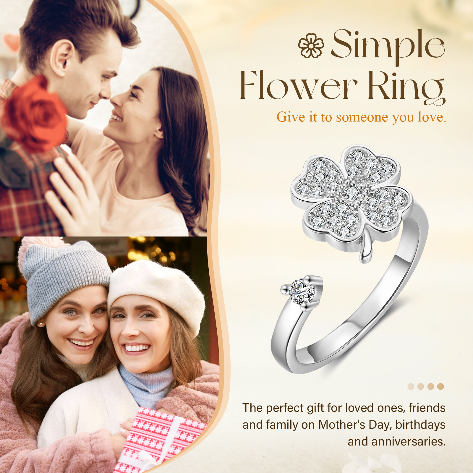 Elegant Clover Cubic Zirconia Adjustable Ring Gift For Women | Jessmade