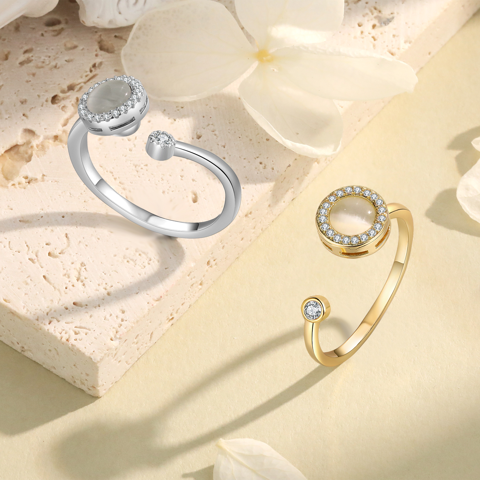 Adjustable Gold-Plated Cat's Eye Ring with Cubic Zirconia Accents - Elegant and Stylish Gift for Women | Jessmade