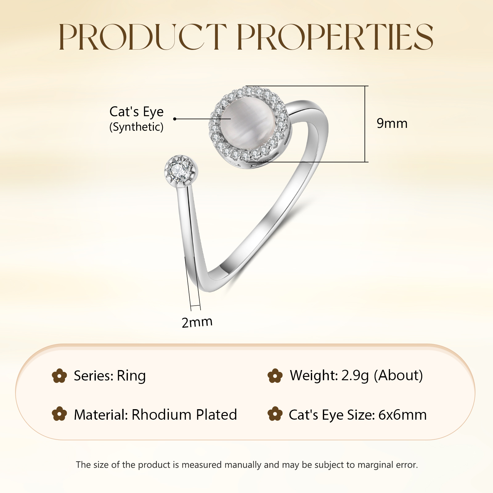 Adjustable Gold-Plated Cat's Eye Ring with Cubic Zirconia Accents - Elegant and Stylish Gift for Women | Jessmade