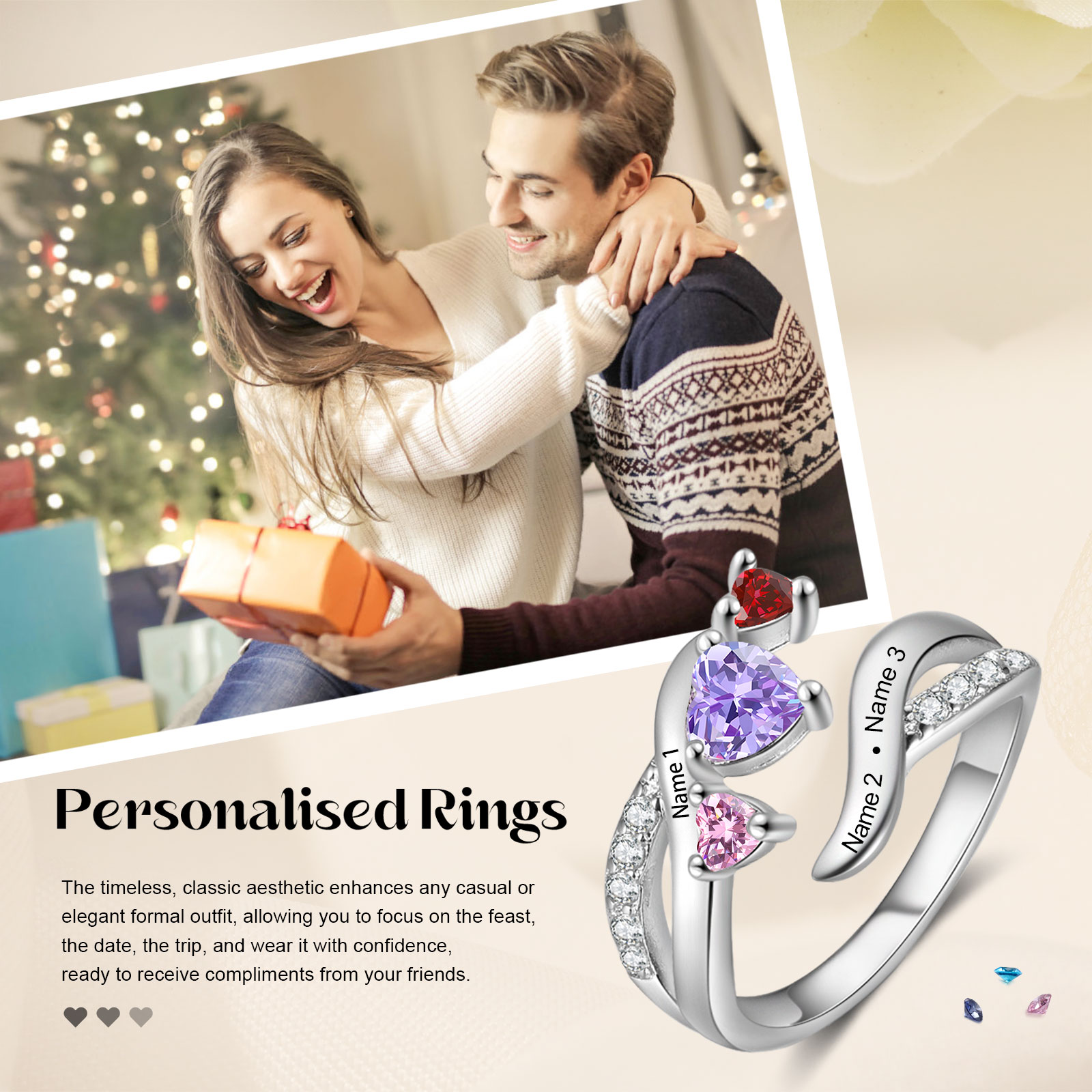 Personalized Women's Ring Customized With 3 Names & 3 Birthstones Open Fashion Ring Gift for Her | Jessmade