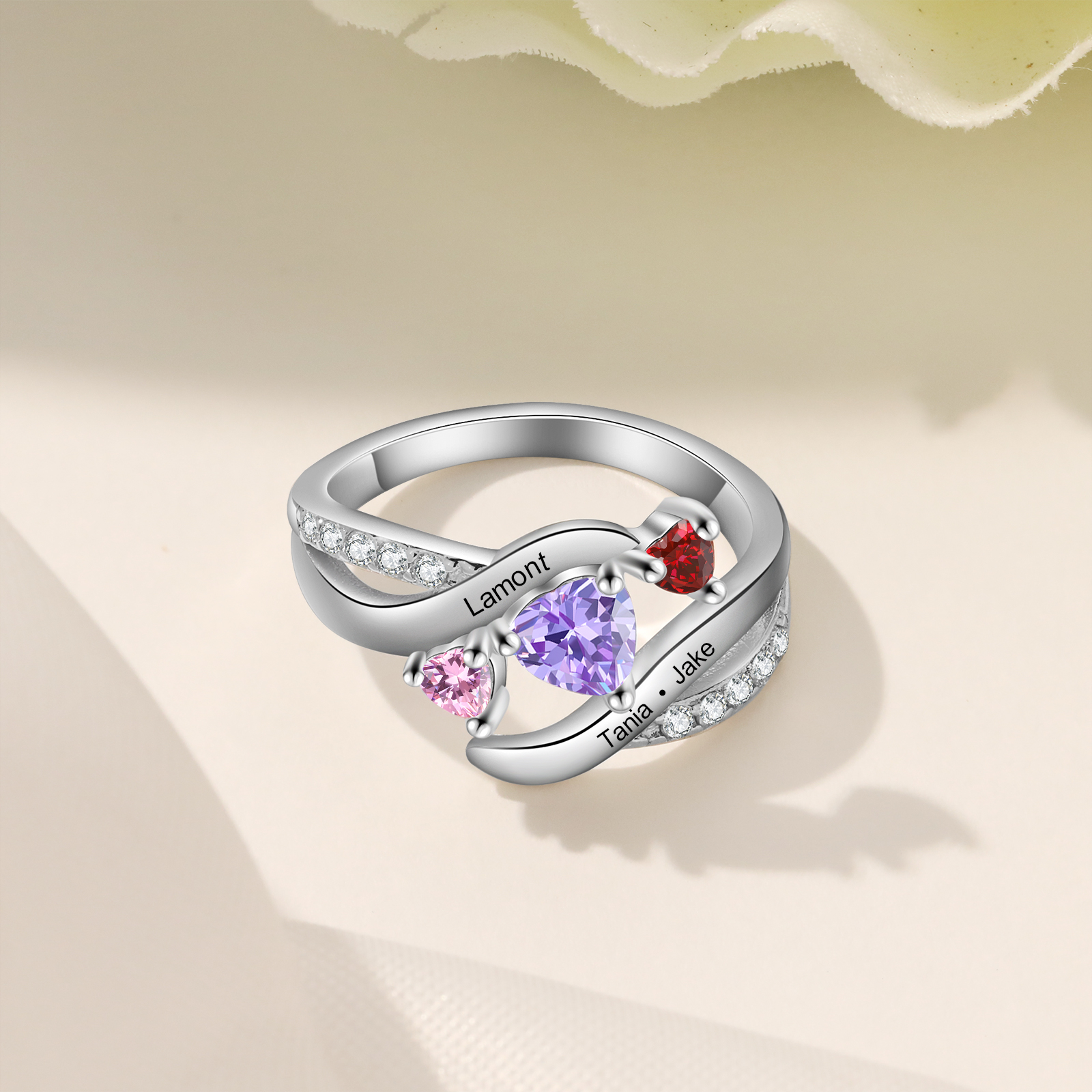 Personalized Women's Ring Customized With 3 Names & 3 Birthstones Open Fashion Ring Gift for Her | Jessmade