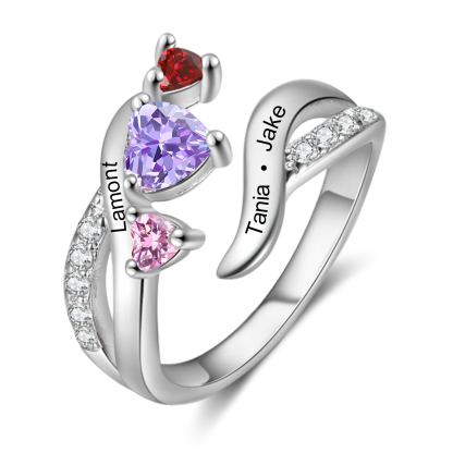 Personalized Women's Ring Customized With 3 Names & 3 Birthstones Open