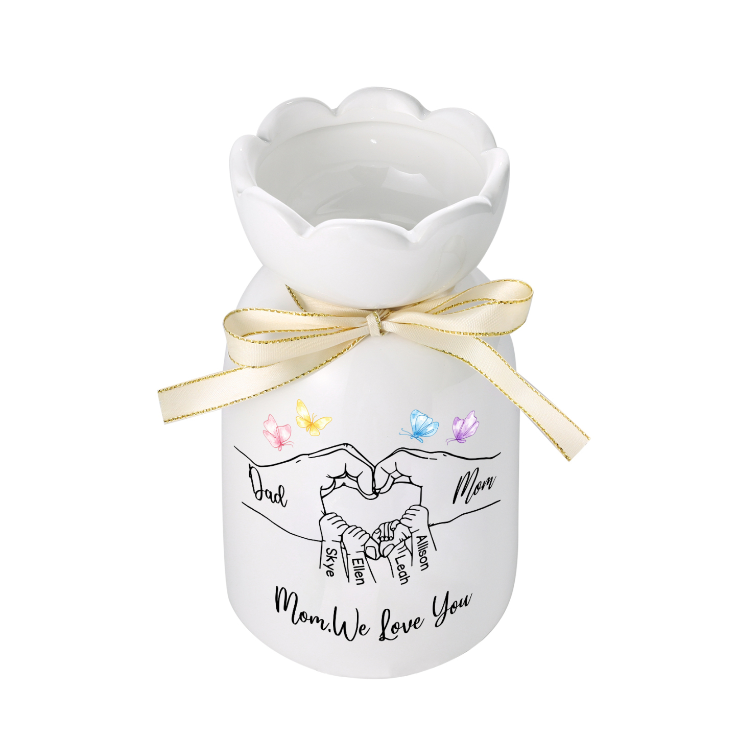 Personalized Ceramic Flower Vase Hand-In-Hand Family Motif Customized With 3-8 Names